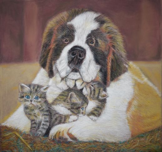 hond met drie kleine poesjes